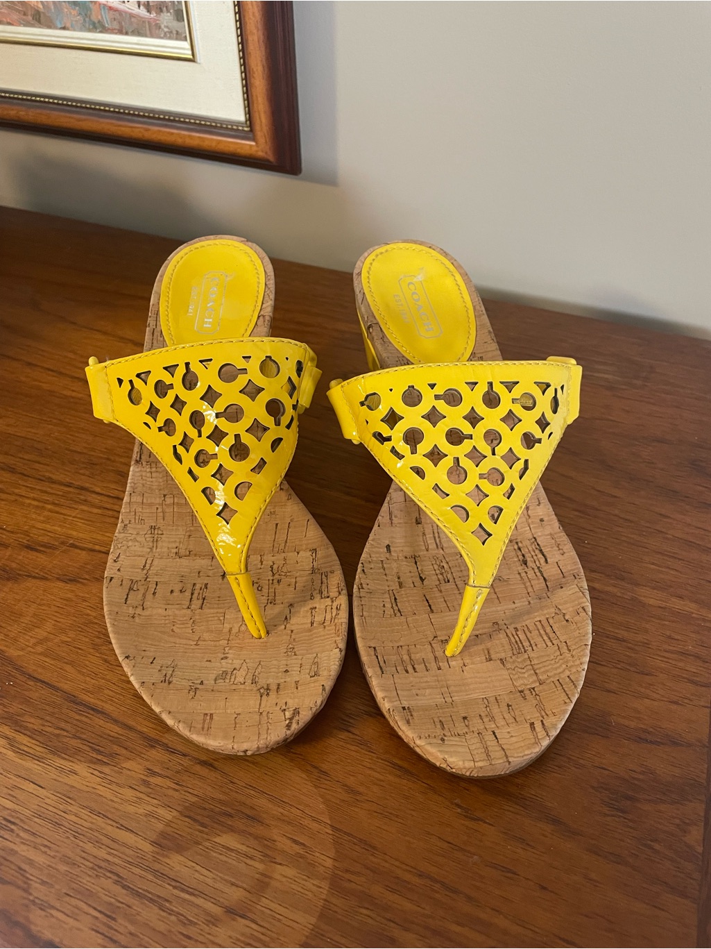 Coach Yellow Cutout Thong Cork Sandals